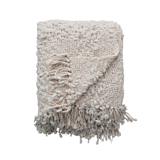 Cable Knit Fringe Throw - Natural